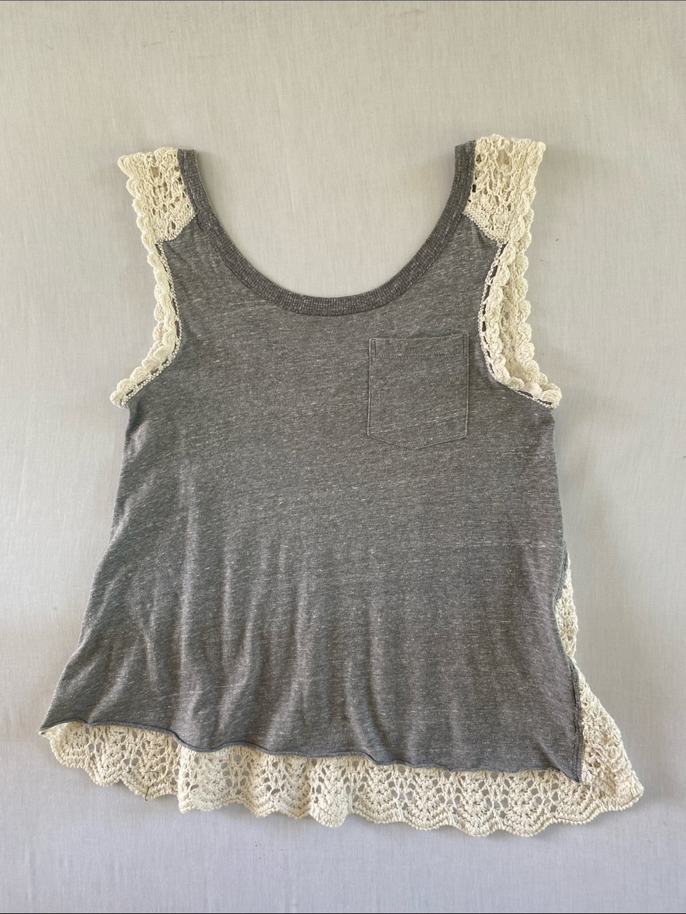 We The Free Gray Tank with Cream Crochet Trim